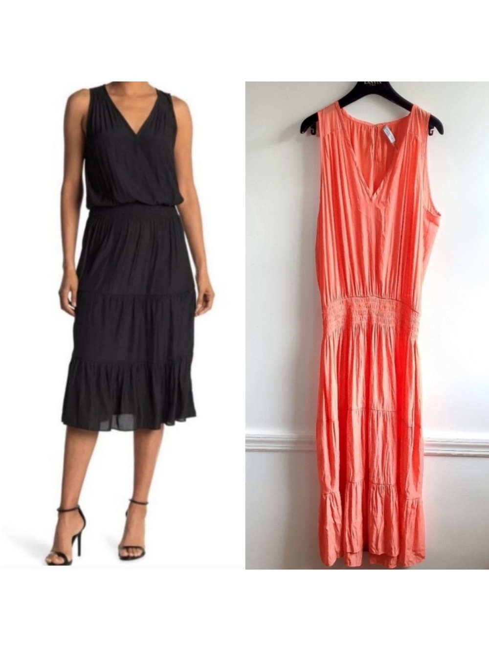 Ramy Brook Sleeveless V-Neck Tiered Midi Dress in Coral